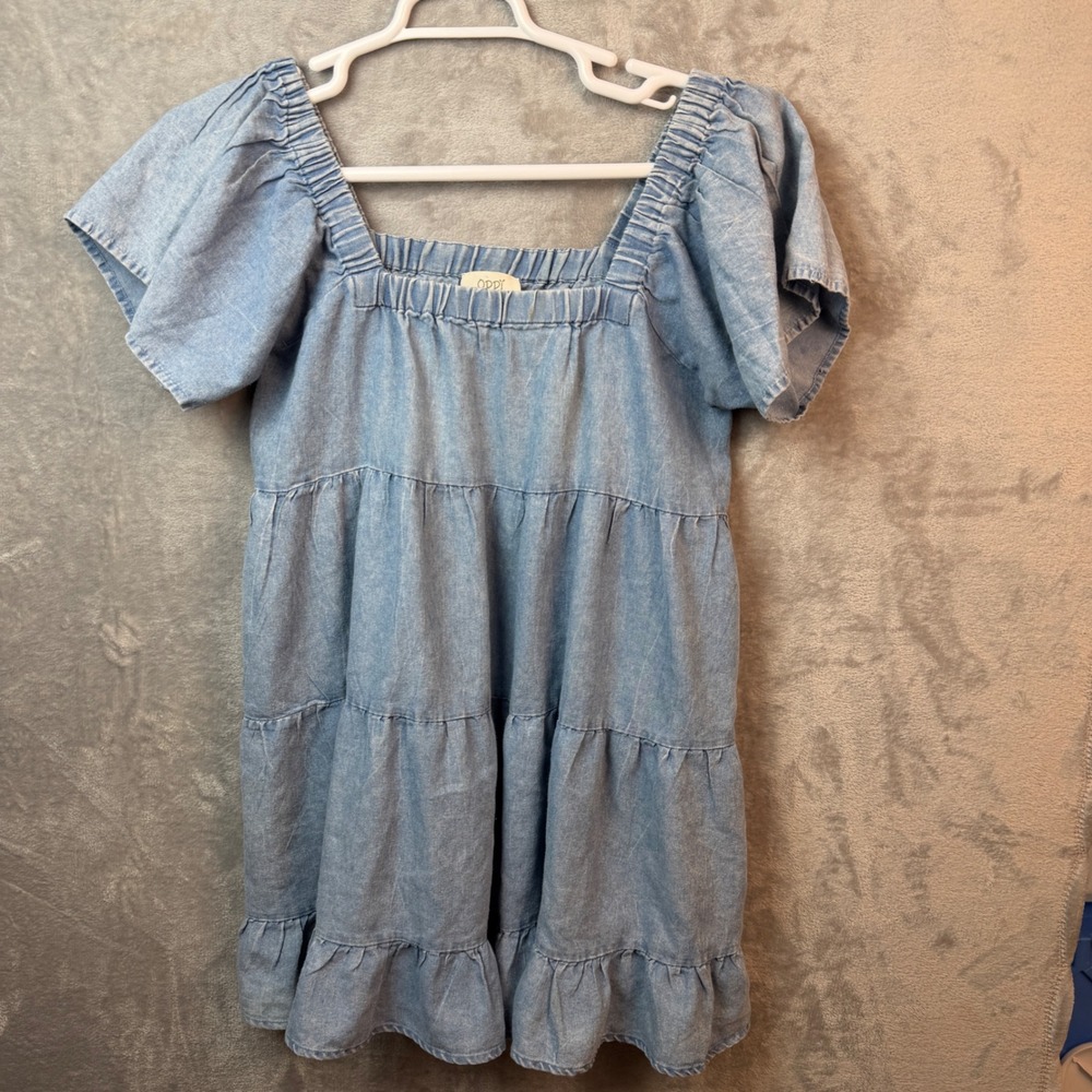 Light Blue Denim Midi Dress with Ruffled Hem